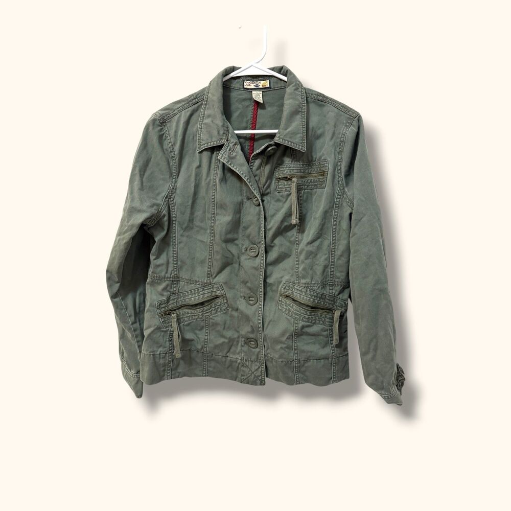 Caribbean Joe Jacket Womens L Utility Button Front Green Cotton Zip Pockets